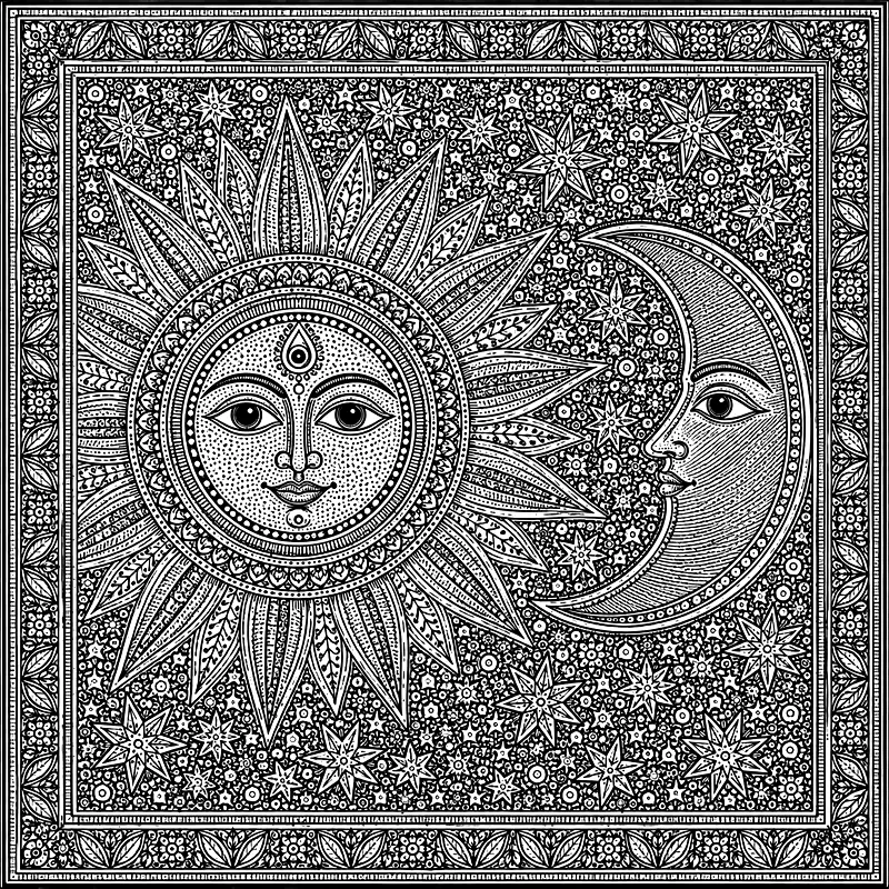 Sun and moon motif, Mithila line drawing