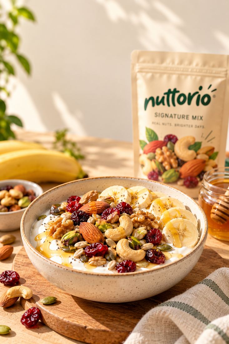 A bowl of yoghurt topped with Nuttorio nut mix and fruit, on a sunny breakfast table