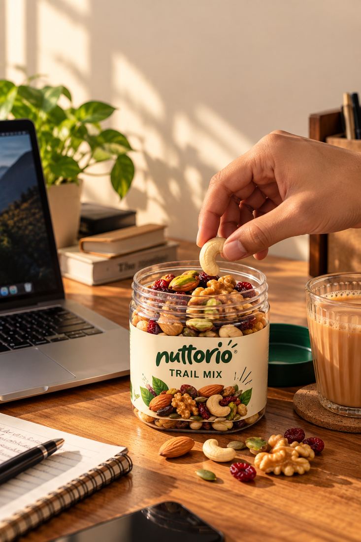 A small jar of cashews and cranberries on a work desk beside a laptop and a cup of tea