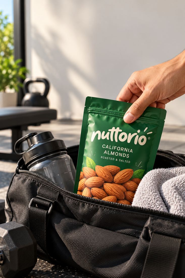 A hand pulling a Nuttorio pouch of almonds out of a gym bag