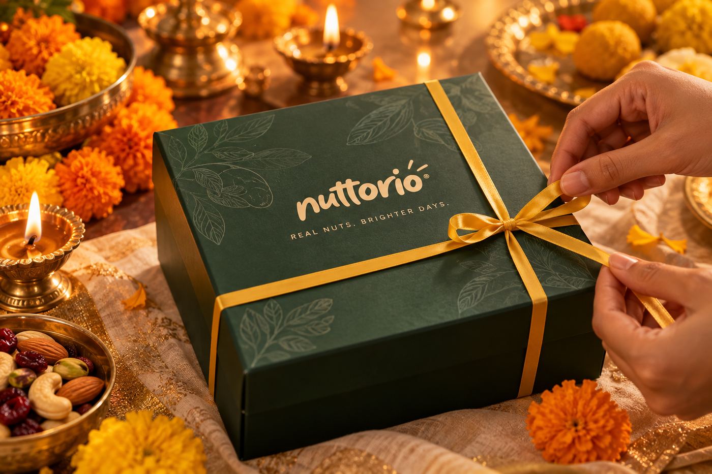 A green Nuttorio gift box with four jars of nuts and a ribbon, on a festive table