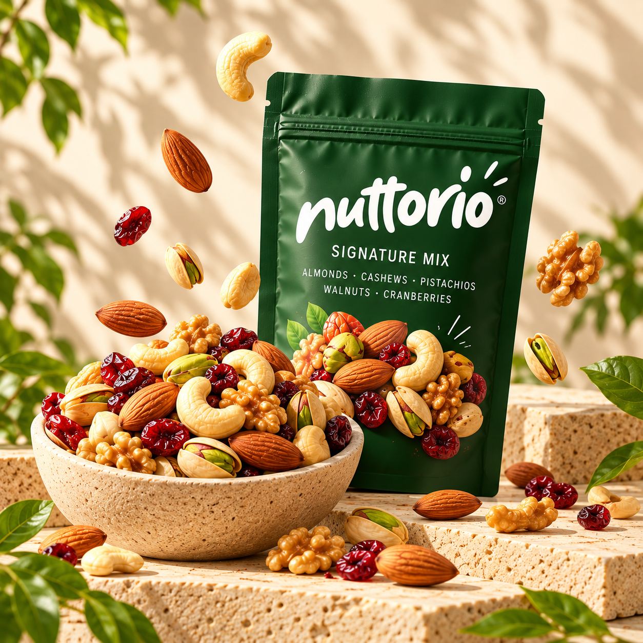 A green Nuttorio Signature Mix pouch beside a stone bowl of almonds, cashews, walnuts and cranberries